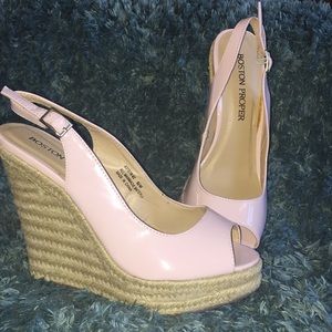 Baby pink patent leather wedges